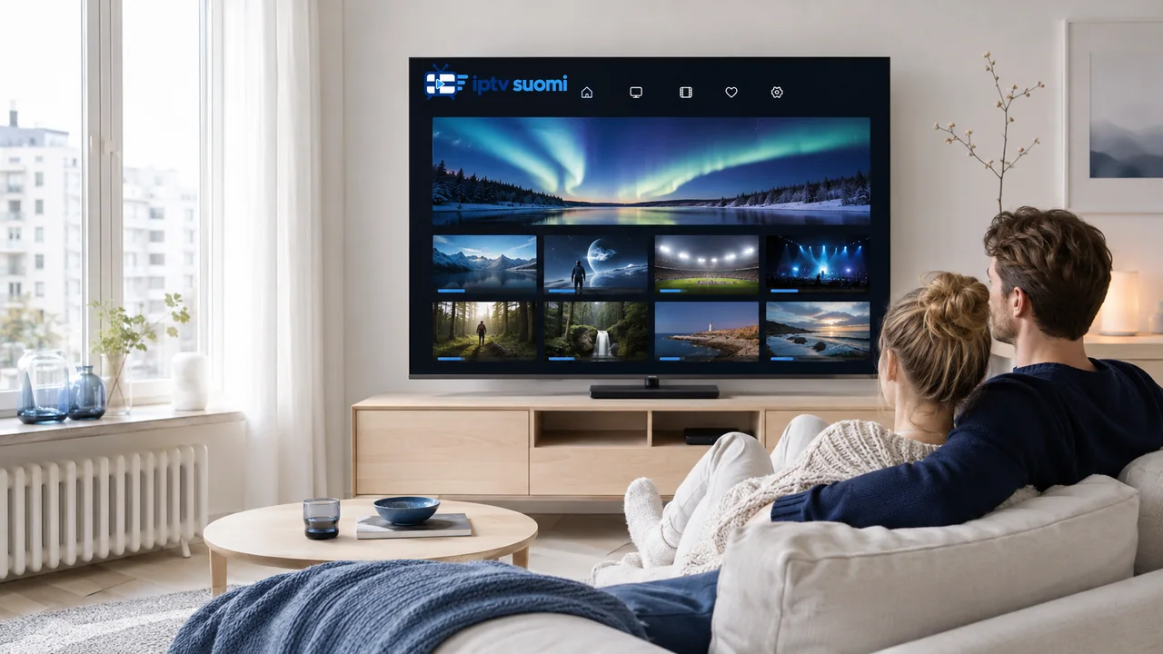 Pariskunta katsoo IPTV Suomi -palvelua vaaleassa pohjoismaisessa olohuoneessa.