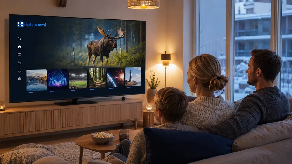 Perhe katsoo luonto-ohjelmaa IPTV Suomi -palvelusta talvisena iltana.