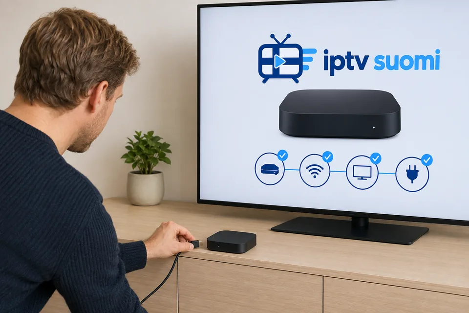 Katsoja liittää suoratoistolaitteen televisioon vaiheistetun IPTV Suomi -asennusnäkymän vieressä.